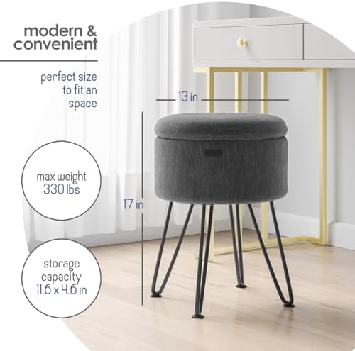 Round Ottoman with Storage, Textured Velvet Storage Ottoman, Foot Stool Ottomans, Makeup Vanity Stool, Small Ottomans Foot Rest, Modern Vanity Stools for Living Room and Bedroom, Grey