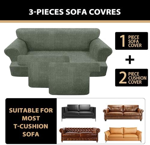 3 Pieces Sofa Covers fot T Cushion Loveseat Slipcover, Sofa Stretch Slip Covers for 2 Cushion Couch with 2 Individual T Shape Seat Covers (Green, 2 Cushion)