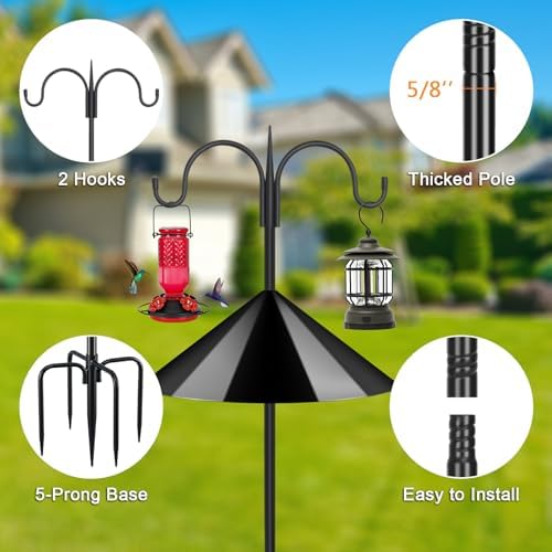 FEED GARDEN Heavy Duty Shepherds Hook Squirrel-Proof Bird Feeder Pole 108" Double Hooks 5-Prong Base & 19" Baffle for Outdoor Feeders & Plants