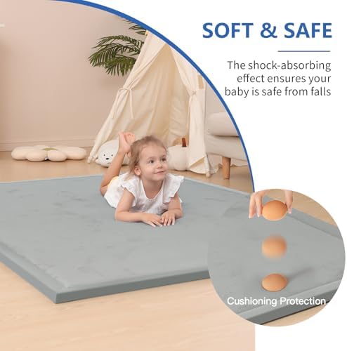 Huloo Sleep Baby Play Mat for Floor,1.3" Thick Memory Foam Tummy Time Mat,Soft Coral Velvet Nursery Rug,Extra Large Non Slip Crawling Mats for Living Room(Light Grey)