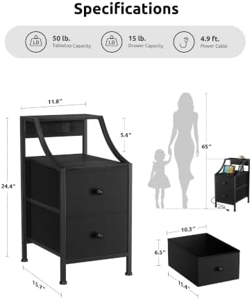 Lazzanto Narrow Nightstand with Charging Station for Bedroom, Black