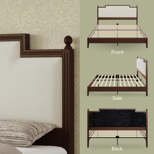Queen Size Bed Frame with 50.2" Tall Upholstered Headboard, Walnut