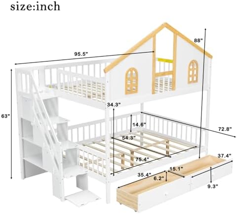 Full Over Full Size House Bunk Bed with Trundle & Storage Stairs