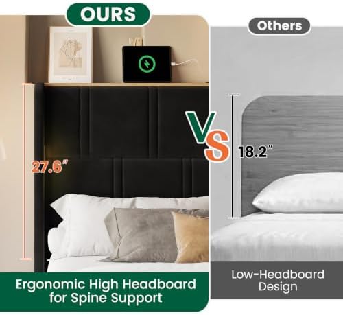LARMACE 55.1" Tall Headboard Queen Size Bed Frame, 2 Reading Lights, Black