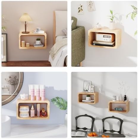 Bamboo Floating Nightstand with Storage Drawer and Modern Open Shelf Cubby，Bedroom, Living Room, Kitchen, Tool Room for use.