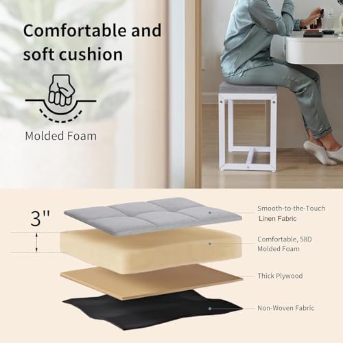 Vanity Stool, Vanity Chair Stools for Makeup Room, Square Linen Makeup Stool for Vanity, Modern Padded Small Ottomans Foot Rest for Bedroom Living Room, Grey & White