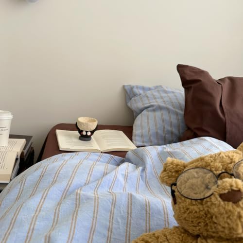AOJIM Sky‑Blue & Warm‑Taupe Striped Duvet Cover Twin XL 3Pcs Retro Bedding