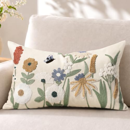 Embroidered Floral Lumbar Pillow Cover 20x12 Inch, Cottage Flower