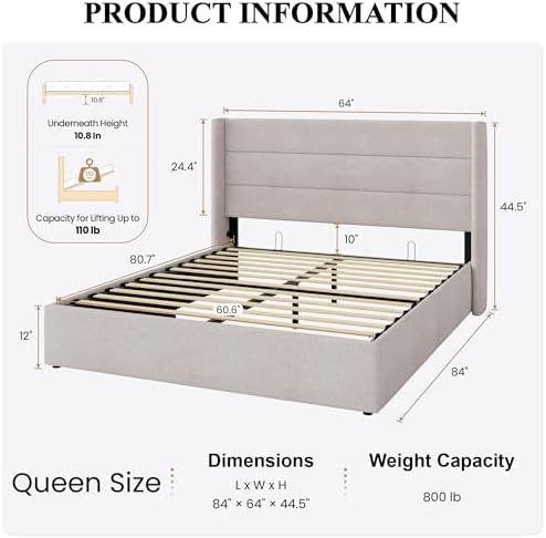 SHA CERLIN Queen Size Lift Up Hydraulic Storage Bed Frame Light Beige