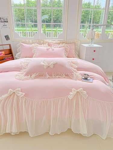 SOUKECHY Girls Lace Bedding,Pink King Comforter Cover Set, Chic Ruffled Duvet Cover with Lovely Bow,Princess Style 1 Duvet Cover with 2 Pillowcases, No Comforter-Pink,King Size