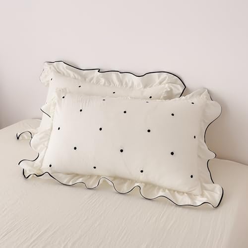 AOJIM Cottagecore Beige Polka Dot Duvet Cover King, 3-Piece Chic Vintage Ruffled Bedding Set - Super Soft Breathable Washed Microfiber Comforter Cover with Zipper Closure & 2 Pillowcases, Easy Care
