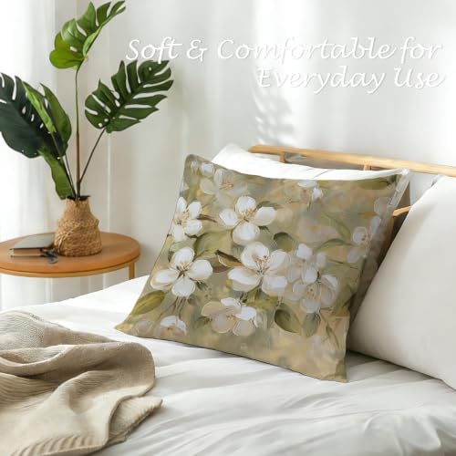 Neutral Vintage White Blossom Floral Pillow Cover 18x18, Rustic Beige Cottagecore Botanical White Flower Decorative Lumbar Pillow Cover for Couch Bed Living Room Bedroom