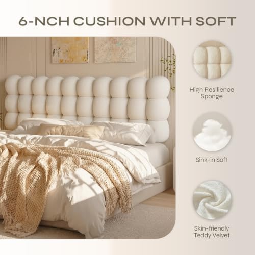 Pinmoco King Cloud-Shaped Upholstered Headboard, Teddy Fleece Beige