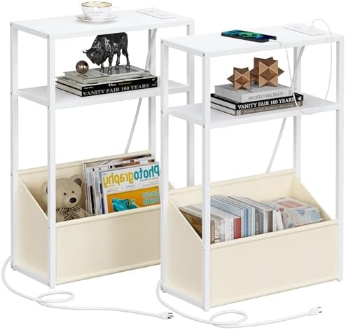 TUTOTAK Narrow Side Tables with Charging Station, Slim End Tables Set of 2
