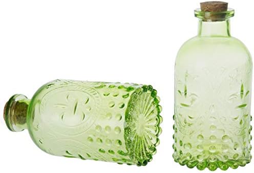 MyGift Vintage Embossed Green Glass Small Reed Diffuser Bottle with Cork Lid, Decorative Flower Bud Vase, Set of 2