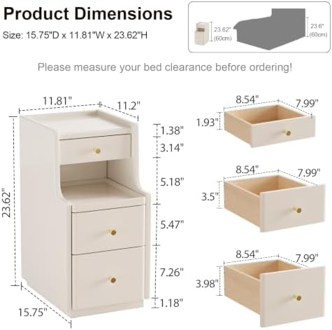 AQIMUELE Solid Wood Narrow Nightstand with 3 Drawers,Creamy White 11.8"