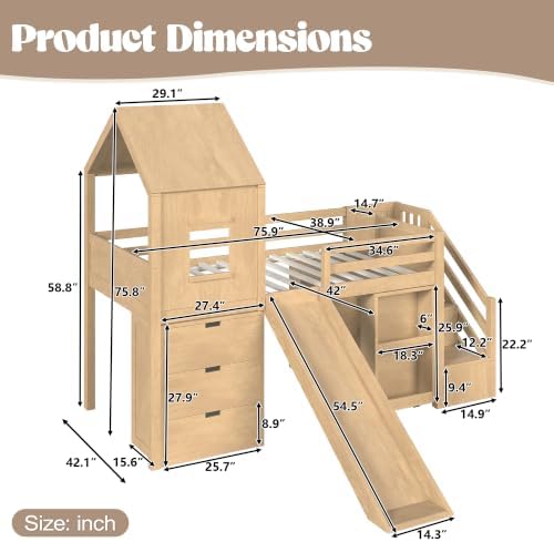 Twin Size Playhouse Low Loft Bed with Slide Storage Drawers Stair Shelves Pull Out Desk (Natural, Twin)