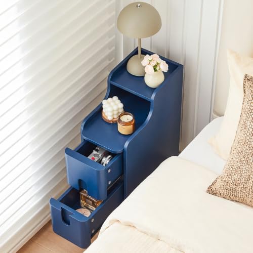 Narrow Nightstand, Wood 2 Drawer Small Nightstand, Slim Side Table, Modern Skinny End Bedside Table, Natural Wood Night Stand with Drawers for Bedroom (Blue-1 pc)