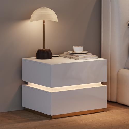 homary Smart Nightstand with LED Light, Wireless Charging Station, USB & Type-C Ports, 2 Drawers – Modern White Bedside Table for Bedroom Storage