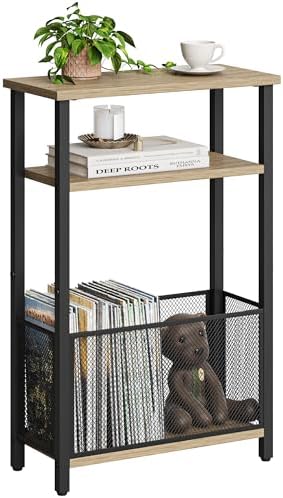 MMEOLUOOK Narrow Side Table with Storage Basket Skinny End Tables for Smalls Spaces 3 Tier Sofa Table Small Nightstand Slim Bedside Table for Living Room Bedroom Greige MLBZ22GR