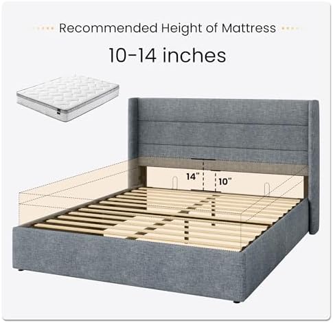 SHA CERLIN Queen Size Lift Up Hydraulic Storage Bed Frame Blue Grey