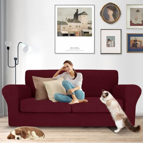 MAXIJIN 3 Piece Couch Covers for 2 Cushion Couch Sofa Cover, Stretch Loveseat Sofa Slipcovers for Sofas with 2 Large Cushions, Thick Dogs Pet Furniture Covers (71"-91", Wine Red)