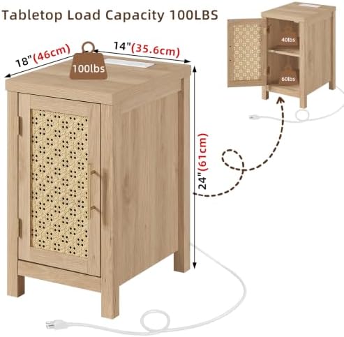 YUFAM Rattan Nightstand with Charging Station, Natural