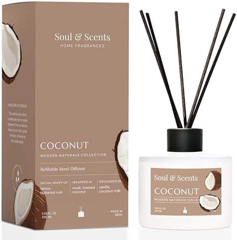 Soul & Scents Reed Diffuser Set – Coconut | 7.43 oz Refillable Scented Oil with 6 Fiber Sticks | Long-Lasting Home Fragrance & Air Freshener for Bedroom, Bathroom, Office | Gift & Décor Piece