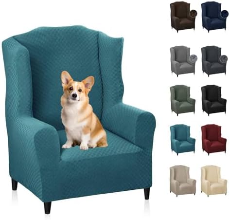 MAXIJIN Wingback Chair Covers 1-Piece Stretch Wing Chair Covers Soft Thick Wingback Armchair Slipcover Non-Slip High Back Chair Furniture Protector Washable (Wing Chair, Peacock Blue)