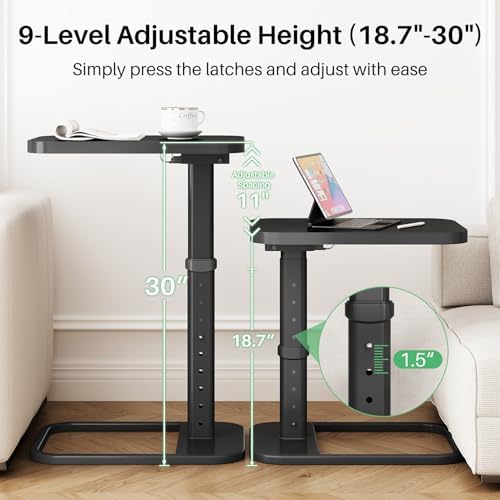 Kitstorack Upgraded TV Tray Table with Panel Lock, Adjustable Height & 90° Flip-Over Design, Sofa Arm End Side Table for Eating, Dinner, Snack, Laptop, Couch, Bed, Chair or Small Spaces, Black