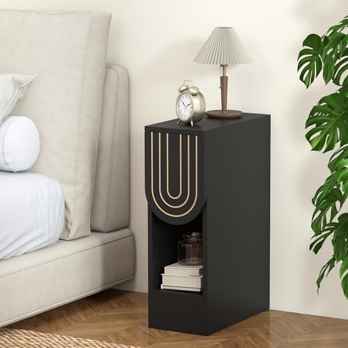 weselon Narrow Nightstands Set of 2, Black Bedside Table with Carved Drawer and Storage Shelf, Mid-Century Modern Slim Side End Table for Bedroom Compact Space, Wooden Small Night Stand (2, Black)