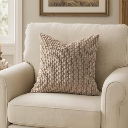 MIULEE Decorative Throw Pillow Covers 16x16 Light Brown Textured Corduroy