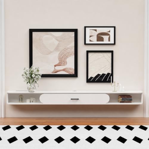 GHC Floating TV Stand, 75'' Wall Mounted TV Cabinet, Floating Shelves with Door, Media Console for DVD Player, Space-Saving Under TV Shelf for Bedroom & Living Room (White)