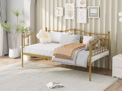 Twin Daybed with Trundle, Metal Sofa Bed Frame with Steel Slat Support, Twin Size Space-Saving Multifunctional Furniture for Living Room, Bedroom, Love Heart Design, No Box Spring Needed, Gold