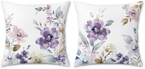 Bonhause Watercolor Floral Throw Pillow Covers 18 x 18 Inch Purple Pink