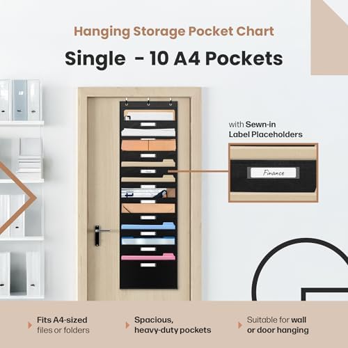 Black Pocket Chart for Classroom - 10 Pocket Storage Rainbow Pocket Charts , 3 Over Door Hangers Included, Hanging Wall File Organizer for File Folders, School Mailbox, Home/Office Papers