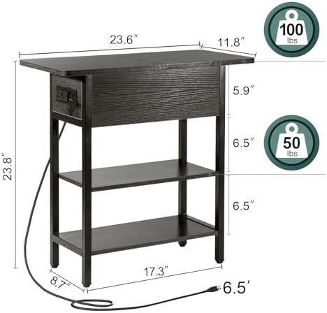 Yoobure End Table with Charging Station, Flip Top Side Table with USB Ports and Outlets, Sofa Couch Table Bedside Table for Living Room Bedroom, Narrow Nightstand with Storage Shelves for Small Space
