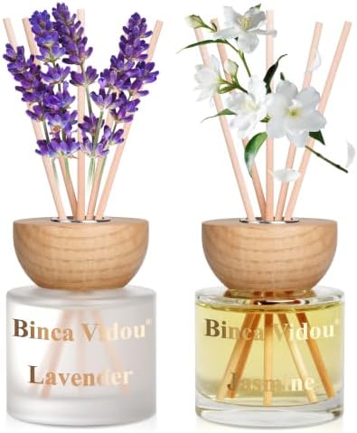 Reed Diffuser Set, Binca Vidou Lavender & Vanilla Natural Scent Oil Diffusers with Sticks for Home Office Bathroom Aromatherapy Decor 3.4oz x 2