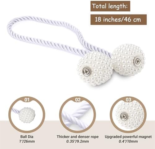 Hion Magnetic Curtain Tiebacks White 6pcs, Curtain Holdbacks Hooks Holders
