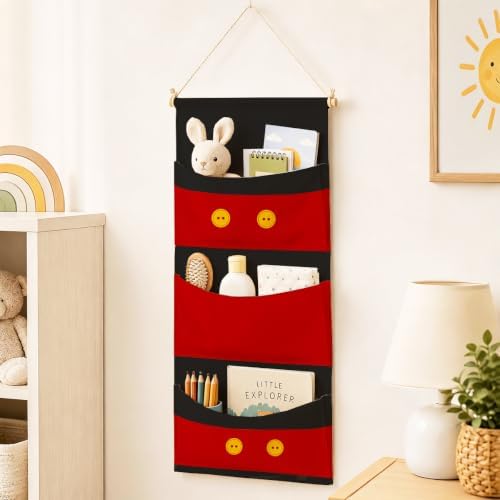 Cute 3-Pocket Hanging Wall Organizer, Red Button Over Door Storage Pockets