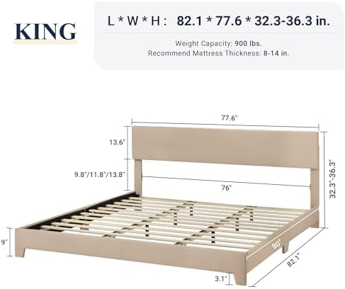 Allewie King Size Upholstered Bed Frame Adjustable Headboard, Beige