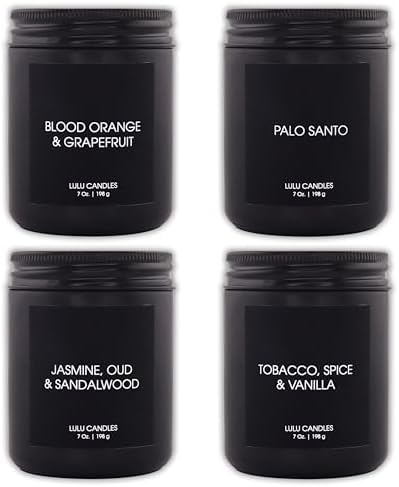 Lulu Candles | 4 Pack Scented Candles Gift Set | Gift Set for Home, Men, and Women | Jasmine, Oud & Sandalwood, Blood Orange & Grapefruit, Tobacco, Spice & Vanilla, and Palo Santo (4PCS - 7 Oz/Each)