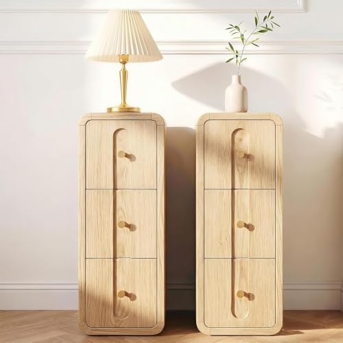 Narrow Nightstand Set of 2, Small Bedside Table with 3 Drawers, Mid Century Modern Skinny Nightstand with Storage, Wood Slim Side Table for Bedroom, Living Room (Natural-2pcs)
