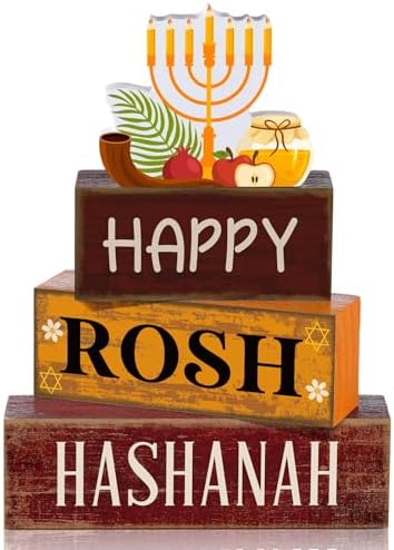 Yuntau 4 Pcs Rosh Hashanah Table Decor Wood Sign Jewish Tiered Tray Decor