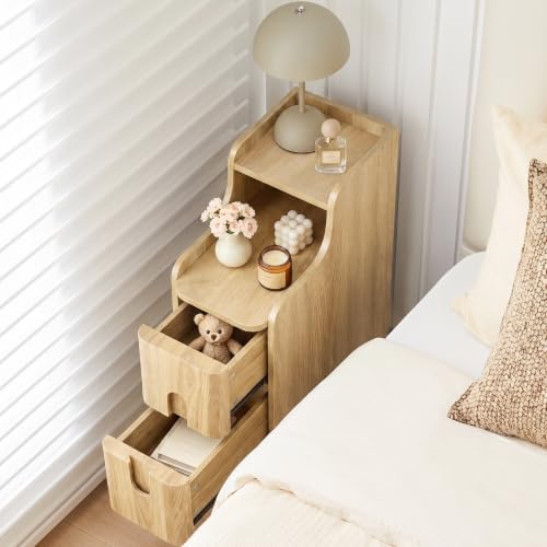 FurSch Narrow Nightstand, Wooden 2 Drawer, Natural, 1 pc