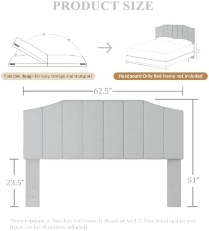 Furpopup Velvet Queen Headboard Only, Wall and Bed Frame Mount Light Gray