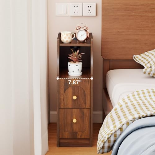 Ultra Narrow Nightstand Set of 2, Slim Bedside Table with Charging Station, 2 Drawers & Open Shelf, Mid-Century Modern End Table with Fenced Top for Living Room Bedroom (Walnut, 2)