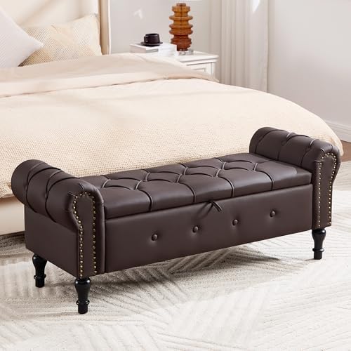 Storage Bench 51" Faux Leather End of Bed Benches Dark Brown