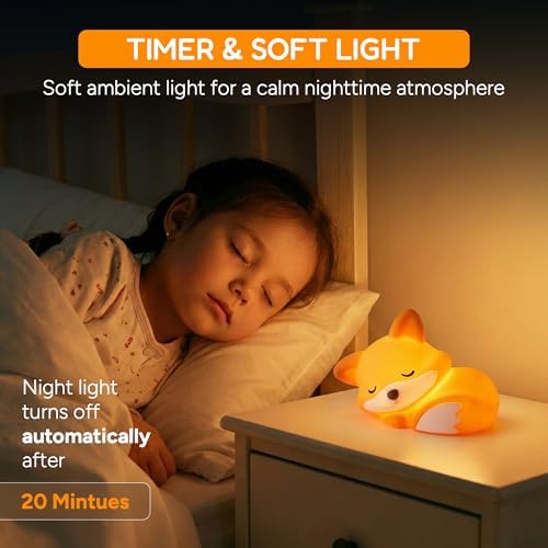Fox Night Light for Kids Ages 3+, Squishy Silicone Fox Lamp with 20-Minute Timer, Rechargeable Animal Nightlight with 2 Brightness Levels