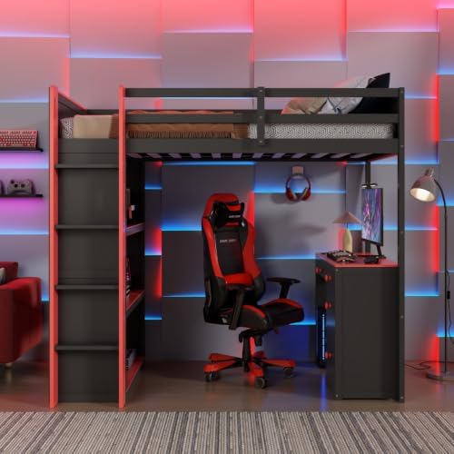 LUMISOL Twin Gaming Loft Bed with Desk and Storage Shelves, Solid Wood Loft Bed with Drawers and Computer Desk for Teens, Space Saving High Loft Bed Frame for Kids Bedroom Red